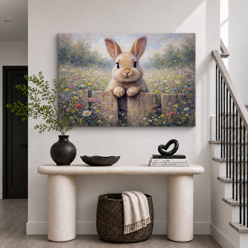«Cute Bunny In Wildflower Garden», image de chambre de bébé, impression sur toile encadrée, H 32 po x l 48 po x P 1,5 po