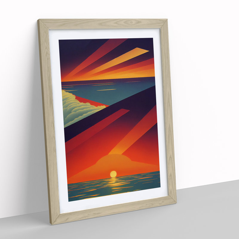 Vivid Abstract Ocean Sunset - Wall Art, 66cm H x 48cm W, Oak Framed, White
