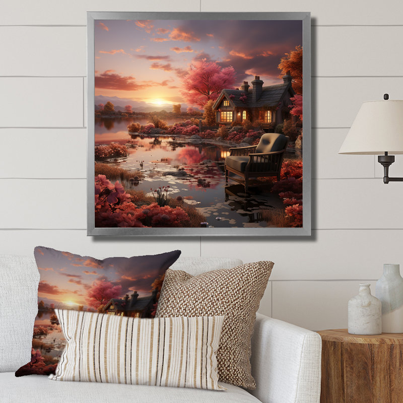 Cottage Sunset Sanctuary 2 - paysage, art mural sur toile, Cadre simple argenté, H 30 po x l 30 po x P 1,5 po