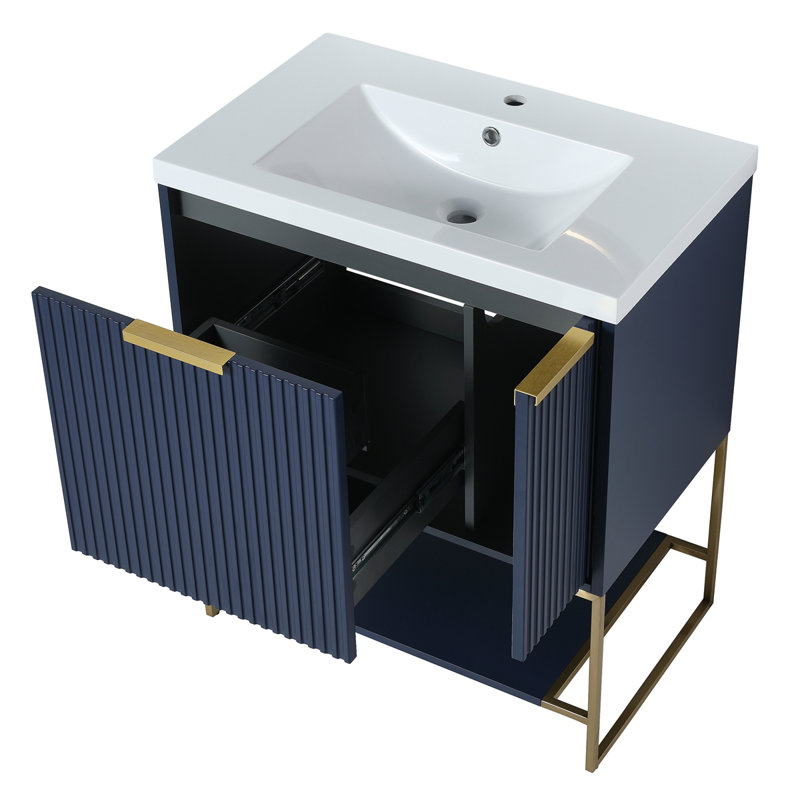 Meuble-lavabo autoportant avec lavabo en résine, Or, Bleu marine