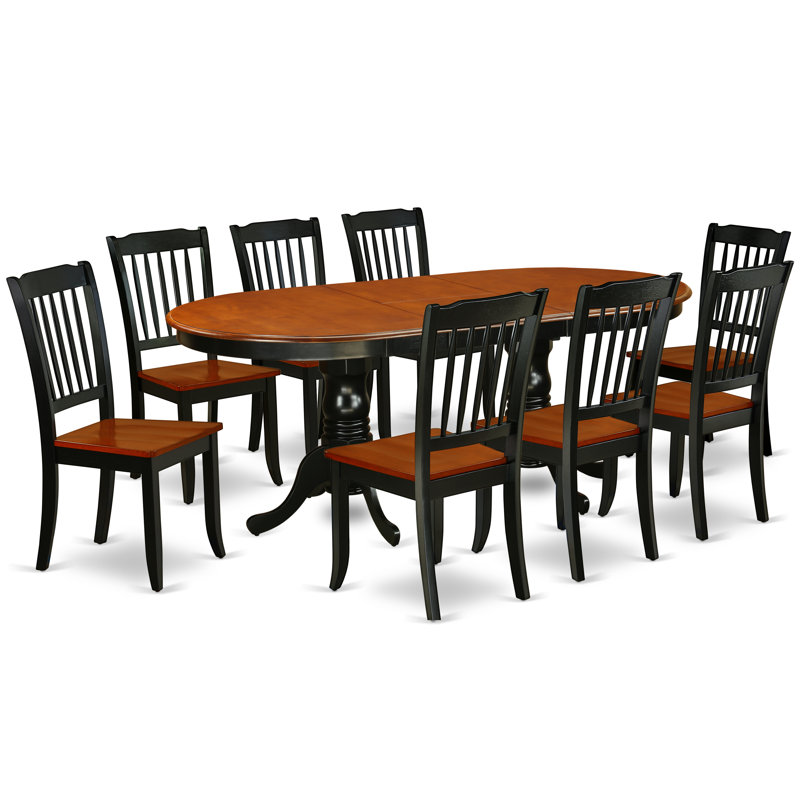 Ensemble de table de salle à manger 9 pièces moderne comprenant une table ovale en bois avec feuille papillon et 8 chaises de cuisine, noir et cerise