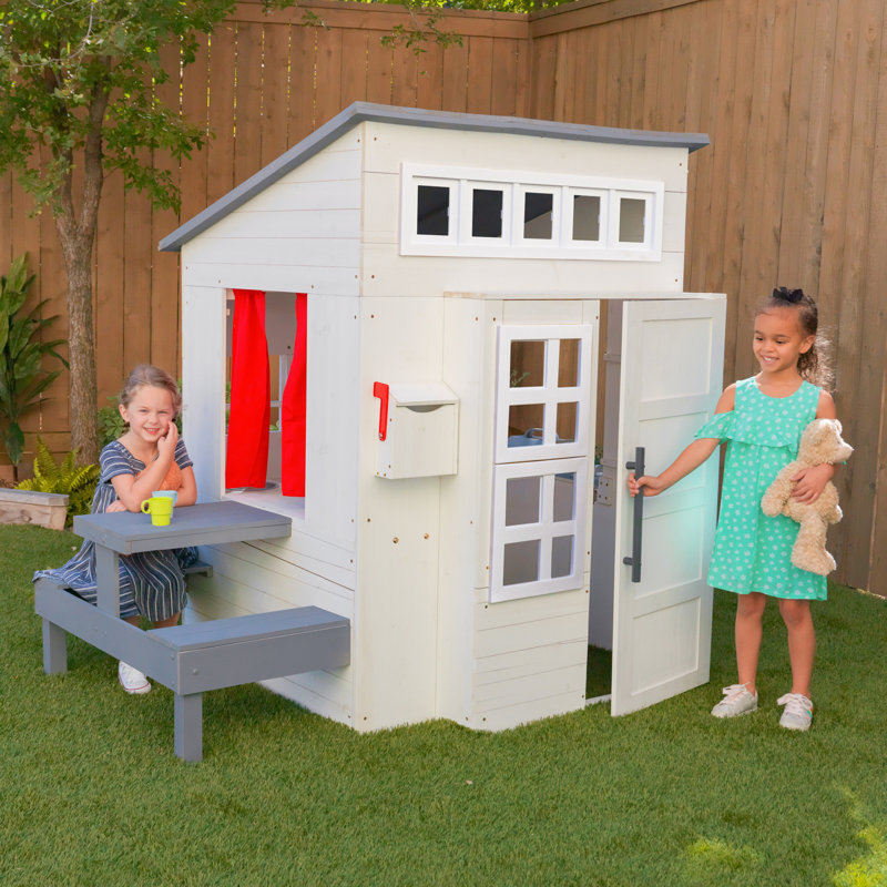 KidKraft Modern Outdoor Wooden Playhouse for Kids - 158 cm Tall - Includes Kitchen, Mailbox, and Grill Set - Natural, White