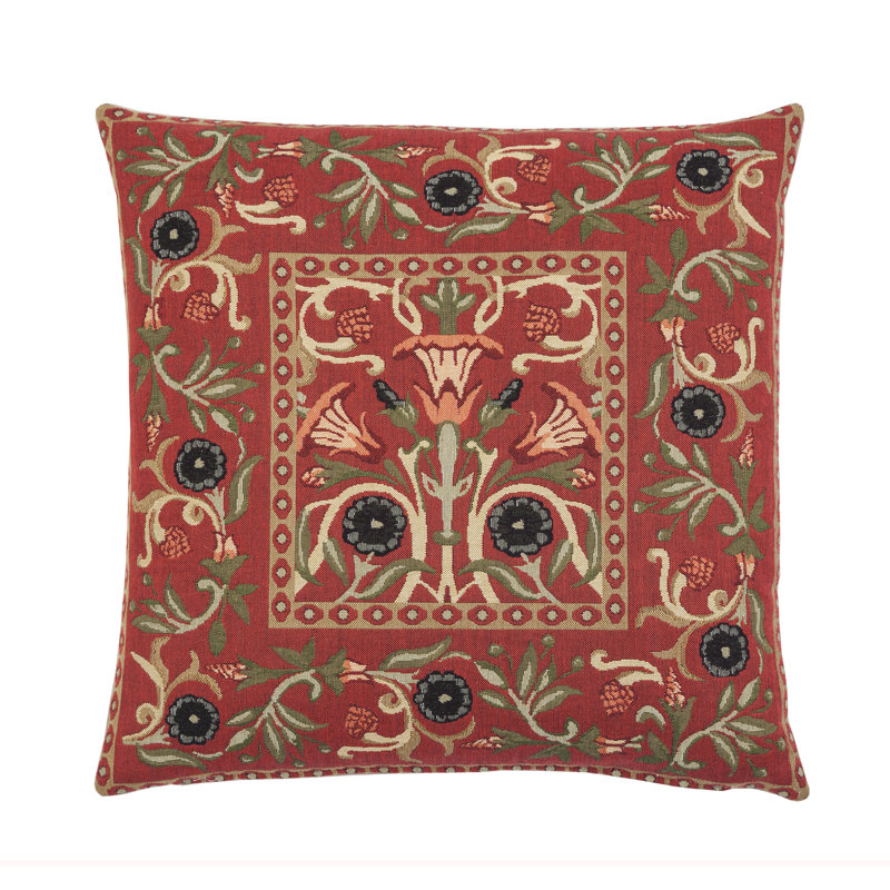 Primrose Tapestry Cushion with Feather Filler , Red Floral