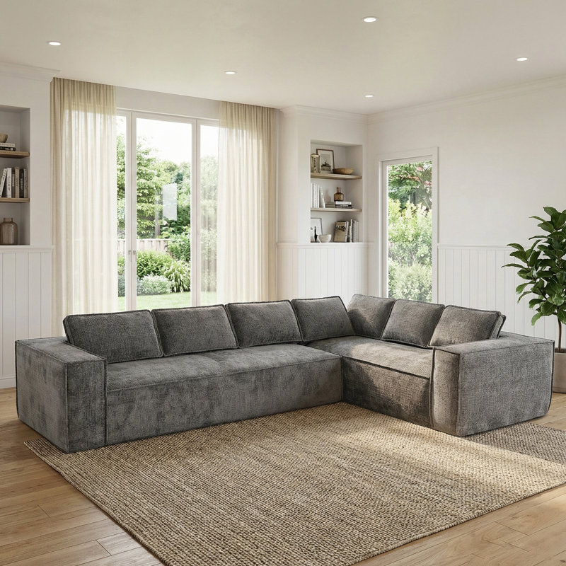 Canapé à compression en forme de L, canapé modulaire moderne en nuage, aucun assemblage requis, Polyester gris / chenille