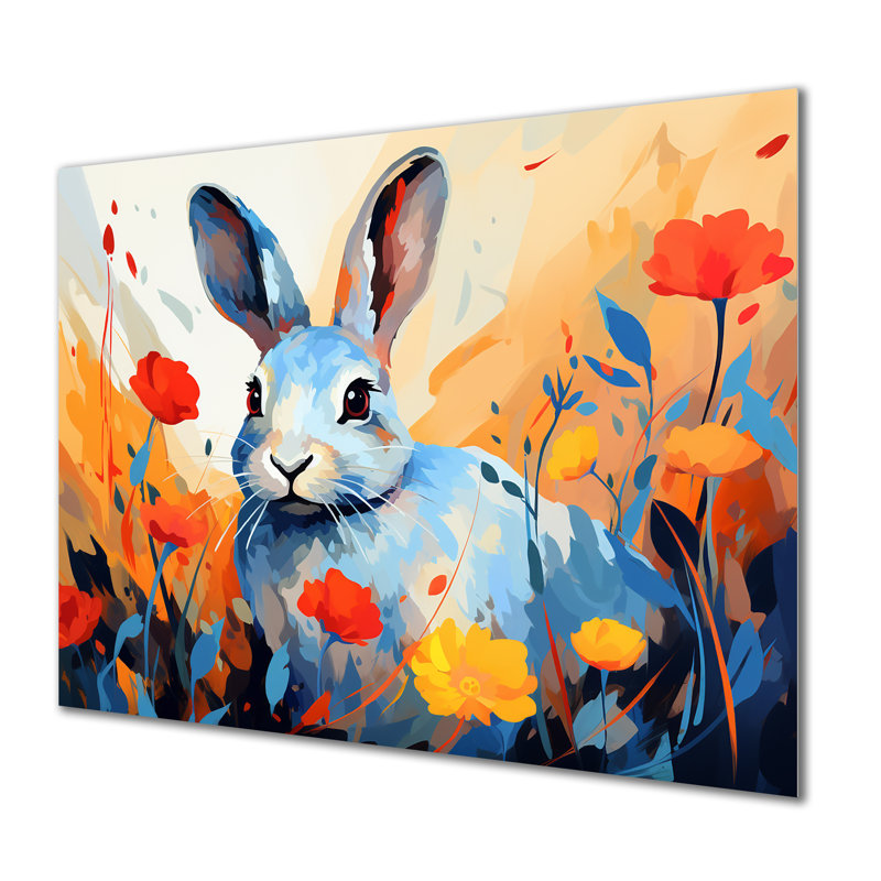 «Blue Rabbit Flower Meadows» - Art mural en métal animal lapin, H 12 po x l 20 po x P 1 po