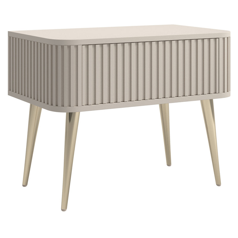 Nightstand with Fluted Design and Drawer, Gray-Beige with Gold Legs