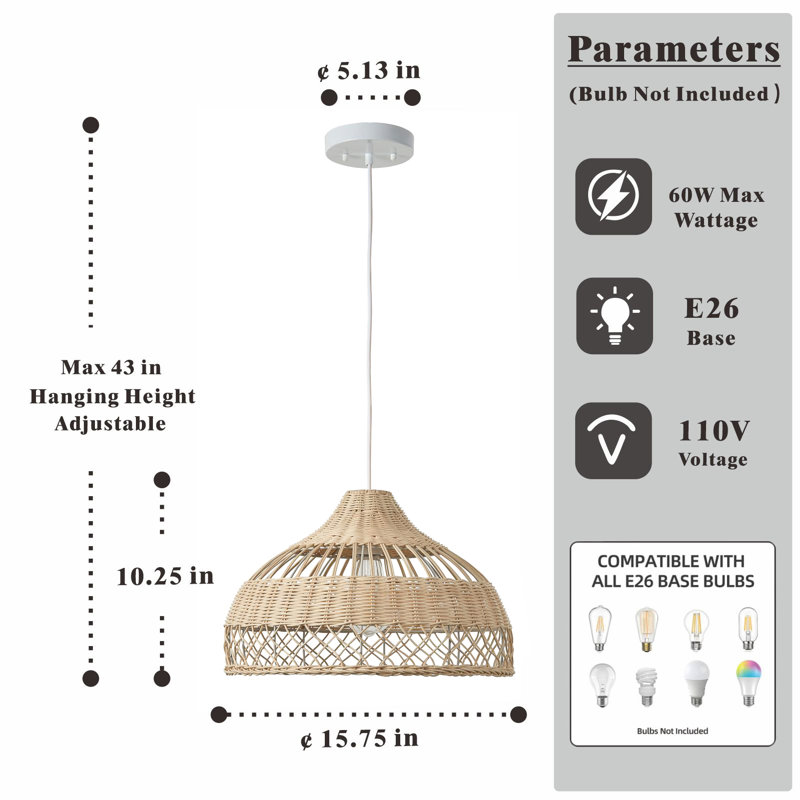 Luminaire suspendu en rotin de style dôme 1 lumière, sans ampoules incluses