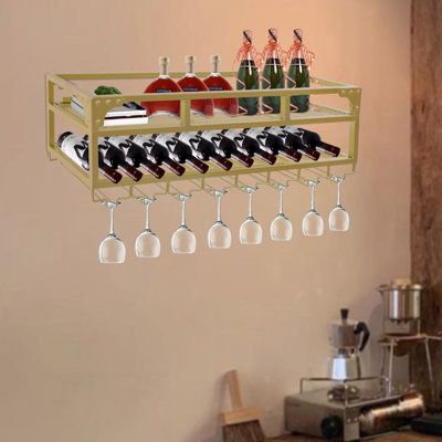Wall-Mounted Wine Rack, Industrial Wine Rack with Glass Holder, Liquor Shelves 