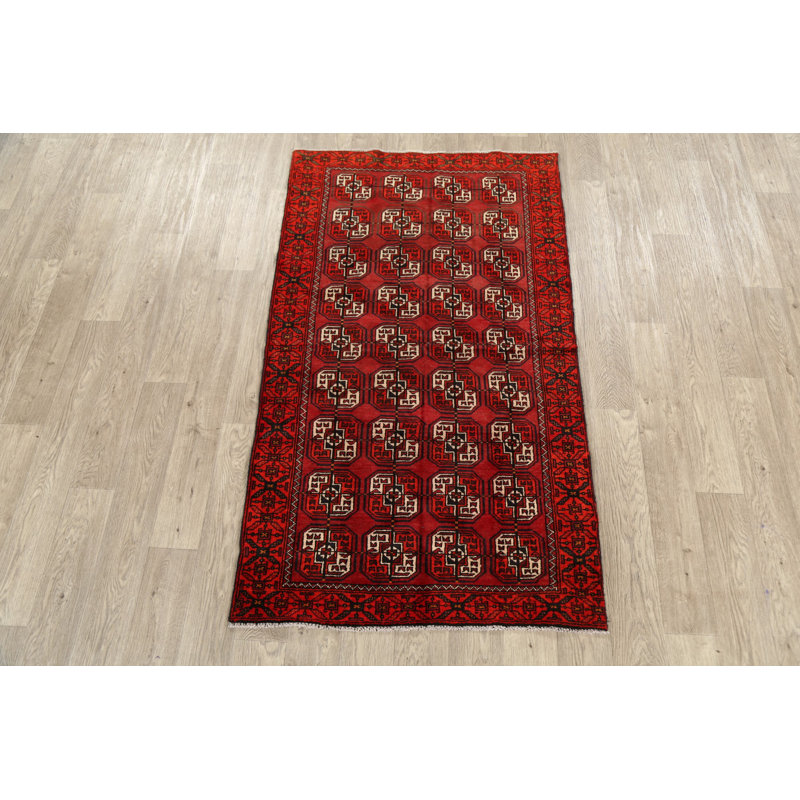 Tapis rouge Balouch en laine noué à la main de conception unique 3 pi 5 po x 5 pi 11 po Hamond