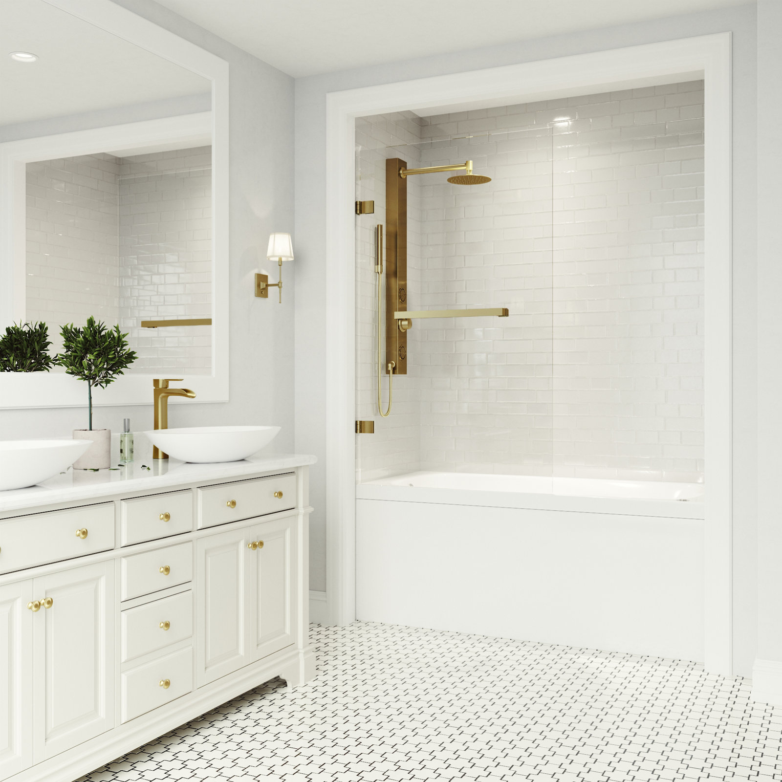 Rialto Frameless Hinged Tub Door, Matte Gold Clear