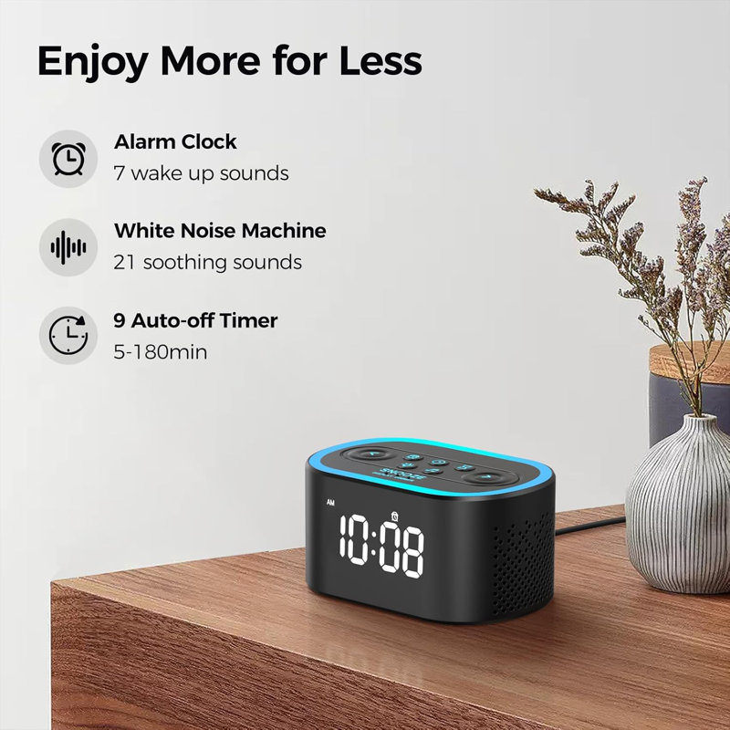 Digital Alarm Clock & White Noise Sound Machine 21 Soothing Sounds 7 Wake Up Sounds 8 Night Lights 32-Level Volume 9 Sleep Timer, Memory Function