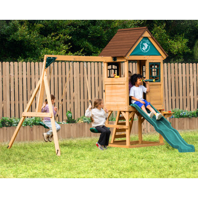 Dolphin Playground Heavy-duty Wooden Swing Set For 5 Kids -  Ultimate Backyard Playset With Slide, Water Play Station, Toddler Swing & Sandbox Space (ages 3-10)