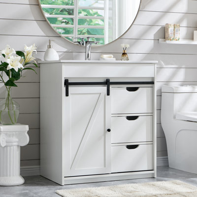 Meuble-lavabo 30 po avec lavabo, porte de grange coulissante de 33,7 po de hauteur, armoire sur pied en bois avec 3 tiroirs et tablettes réglables