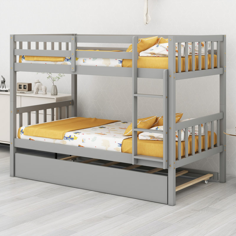 Lit superposé modulaire en bois avec lit gigogne, conception convertible et garde-corps de sécurité, Gris
