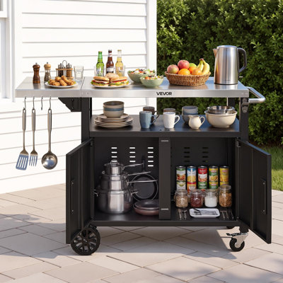 Outdoor Grill Cart with Storage Cabinet, 48.9 Inch Grill Table, Waterproof Kitchen Island with Stainless Steel Top, Shelf, and Wheels, Movable Food Prep Station for Patio Bar Backyard BBQ