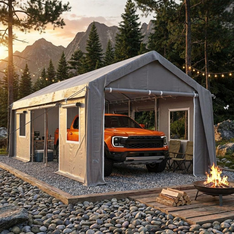 Abri d'auto gris 20 x 10 x 11 pi avec toile PE - Abri avec portes à fermeture à glissière avant et arrière, 2 ouvertures latérales enroulables et 4 fenêtres