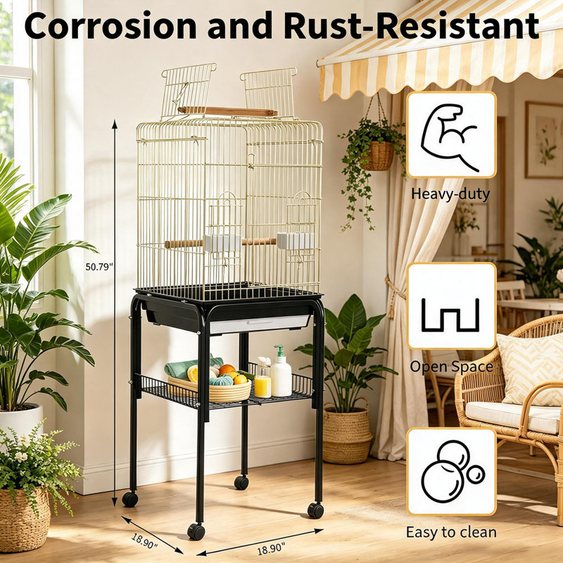 Cage à oiseaux, cage à oiseaux à toit ouvert durable avec support roulant, L 50,8 po x l 18,9 po x H 18,9 po, plateau amovible, support de rangement supplémentaire, grandes roulettes pour l'accès, utilisation intérieure et extérieure pour les oiseaux.