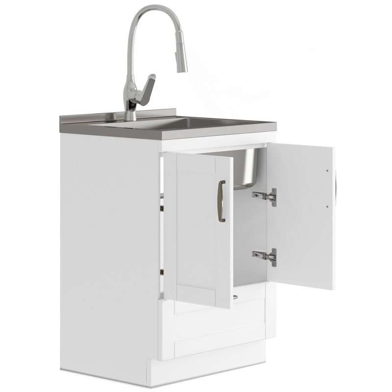Armoire à lessive 24 po avec robinet coulissant et évier en acier inoxydable - blanc, 34.25" H x 23.6" W x 19.7" D