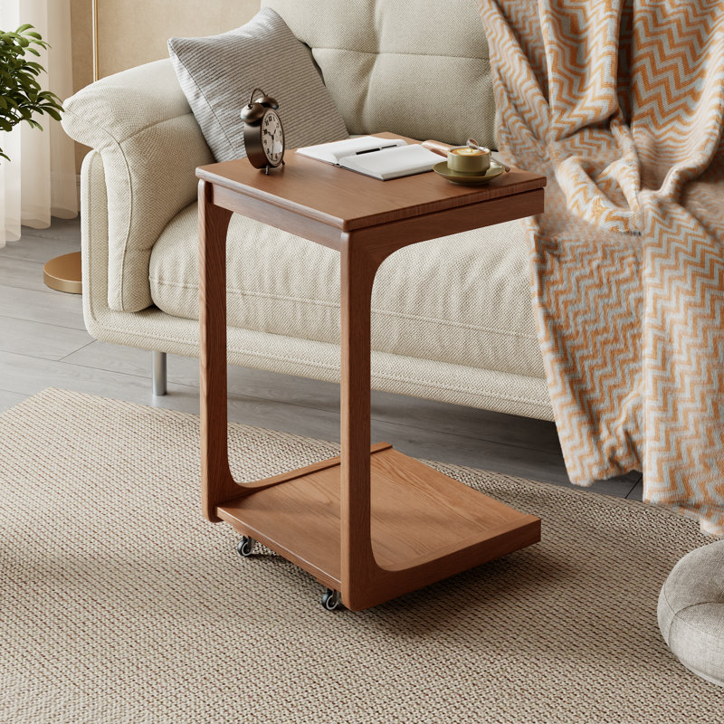 Solid Wood C-Table End Table, Flip Top Hidden Storage Rolling Side Table with Wheels for Living Room Bedroom, Brown
