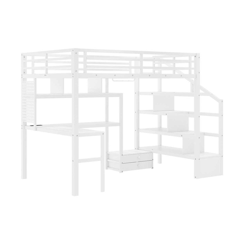Full Size Loft Bed With LED Light & Charge Station, Loft Bed With Desk And Wardrobe For Kids, White
