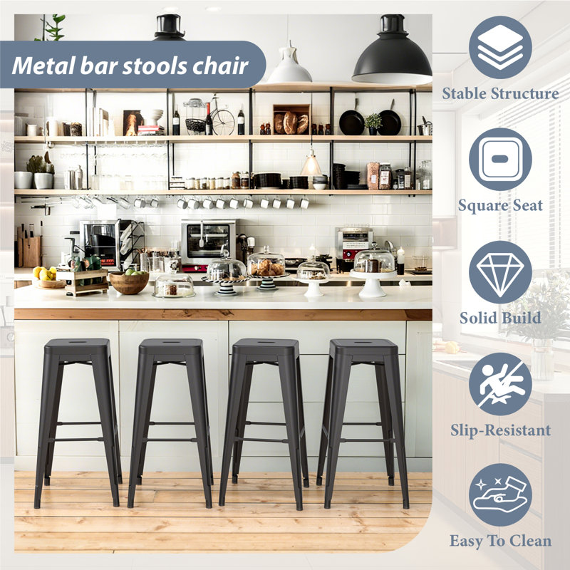 30 Inch Black Metal Bar Stools,Count High Bar Stools,Set of 4, Bar Stool (30” Seat Height), Black