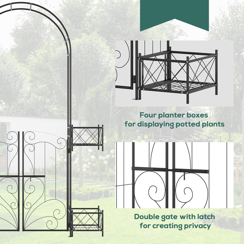 Black Metal Garden Arbor with Scrollwork Hearts and Planter Boxes