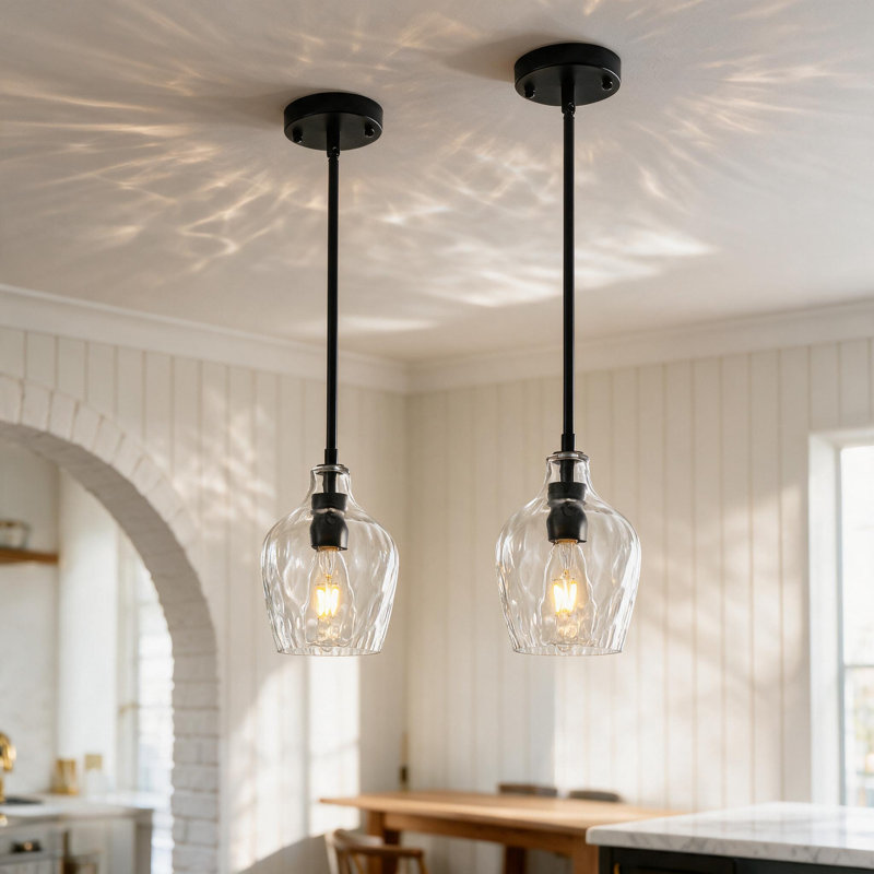 Luminaire suspendu 1 lumière en verre transparent à ondulation à intensité variable, Matte Black