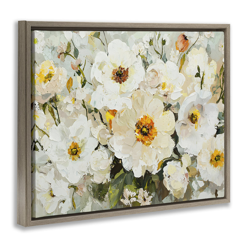 Cadre flottant en porcelaine avec fleurs, design par Franklyn Gregory, H 25 po x l 31 po, Cadre flottant orme Montalcino