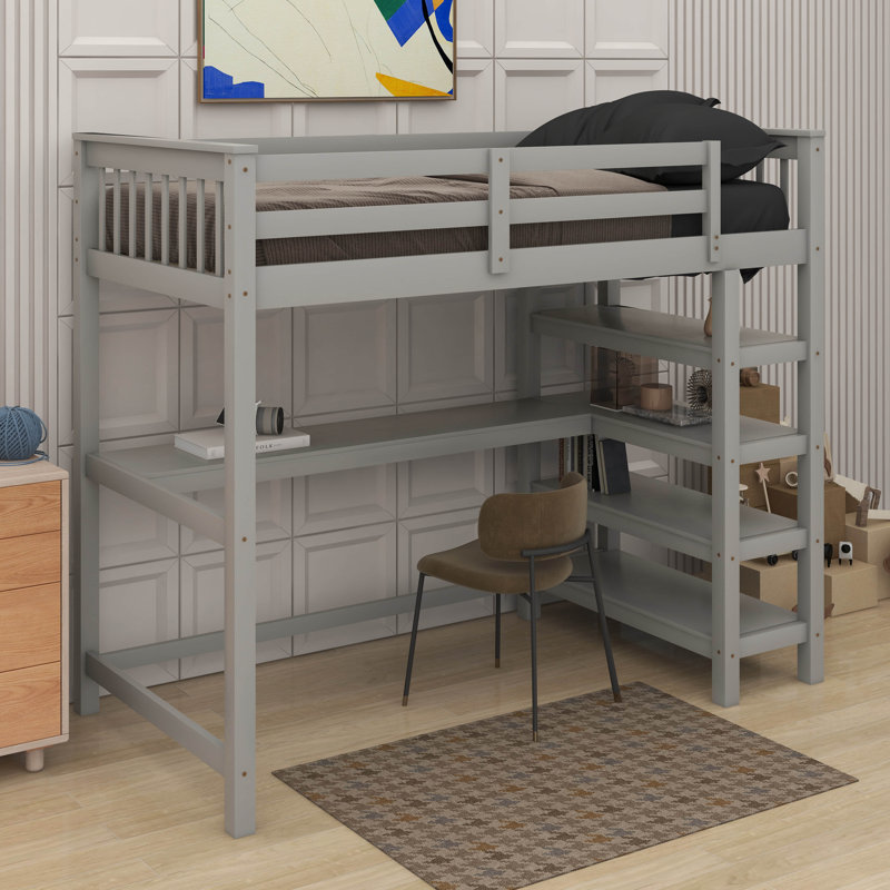 Lit mezzanine simple avec tablettes de rangement et bureau, Lit simple, Gris