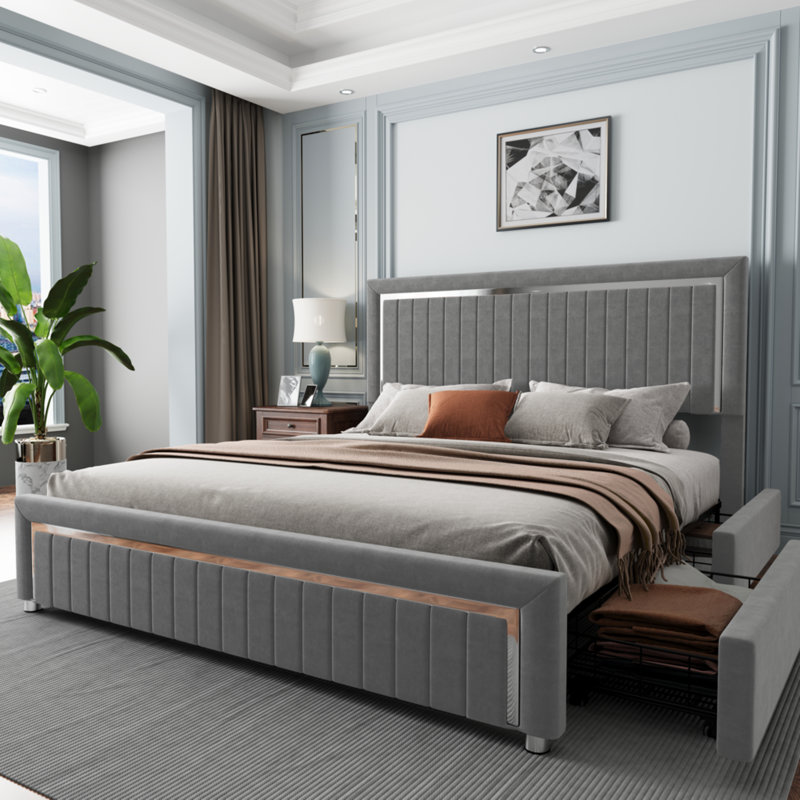 Deovion LED Upholstered 4-Drawer Platform Bed, Gray, Queen
