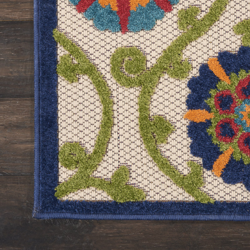 Tapis intérieur / extérieur à motif floral ivoire / bleu / vert Eaglin, Tapis de couloir 2 pi 3 po x 10 pi
