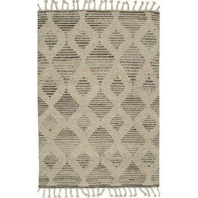 6x8 Ivory Hand-Knotted Wool Linear Diamond Motif Modernist Contemporary Carpet Rug