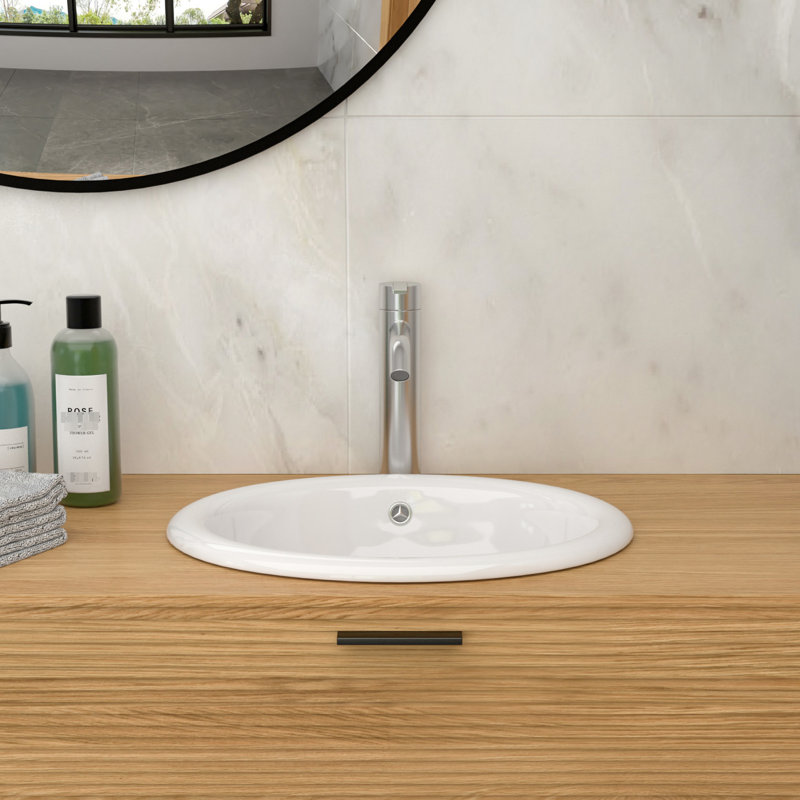 Lavabo blanc semi-encastré en céramique de 17 po x 15,5 po pour salle de bain, vasque de comptoir, faible absorption d'eau, lavabo de salle de bain à surface lisse, forme ergonomique, teinture et égratignure,
