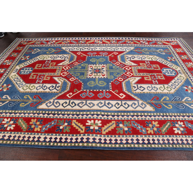 Tapis bleu noué à la main de conception unique 6 pi 6 po x 9 pi 8 po
