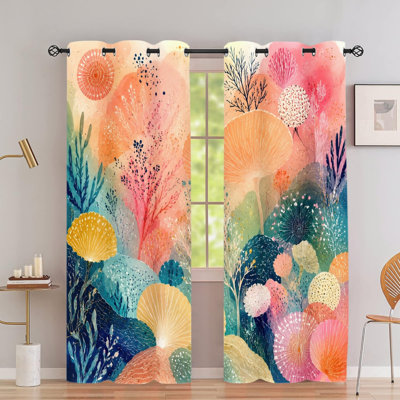 2PCS Grommet Blackout Curtains, Boho Colorful Floral Botanical Printed Polyester Drapes, Thermal Insulated Noise Reducing Privacy Protection Window Curtains for Living Room Bedroom Home Decor