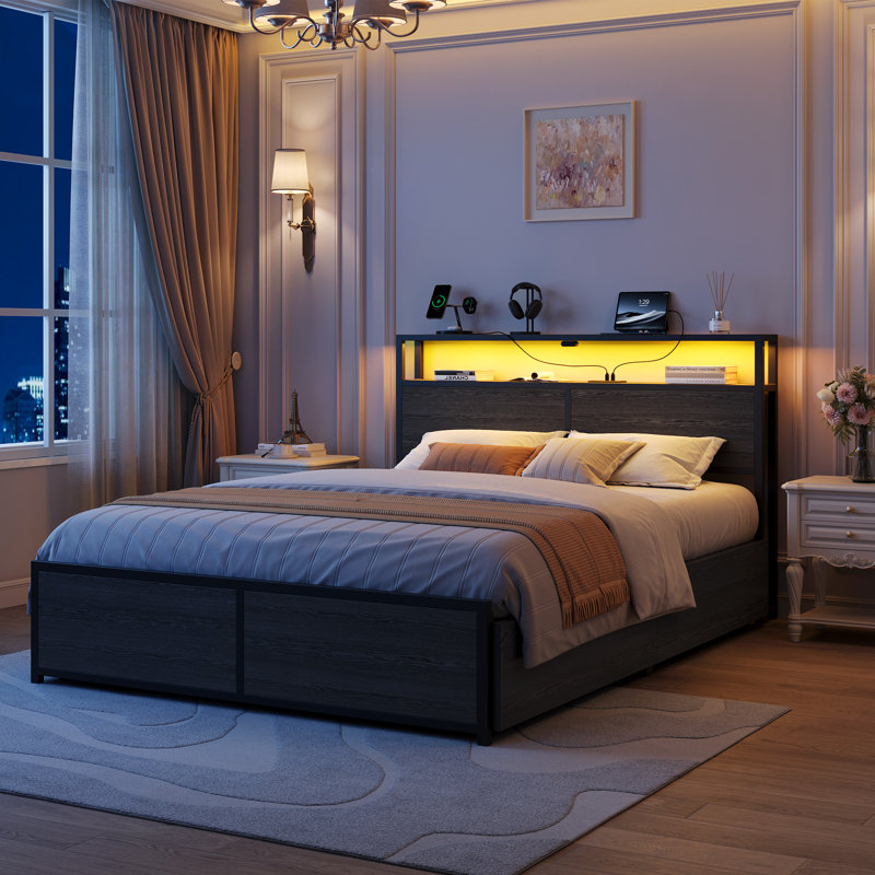 Cadre de lit moderne avec tête de lit, lumières DEL et ports de charge USB, Lit double, Noir