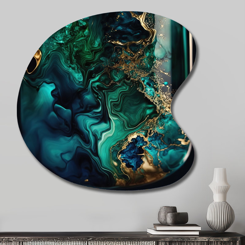 Abstrait géométrique marbre vert et bleu II - forme murale irrégulière en marbre, reproduction de sculpture murale asymétrique en métal