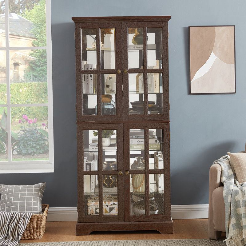 Bibliothèque, vitrine avec tablettes réglables et portes en verre pour la maison ou le bureau, Cerisier