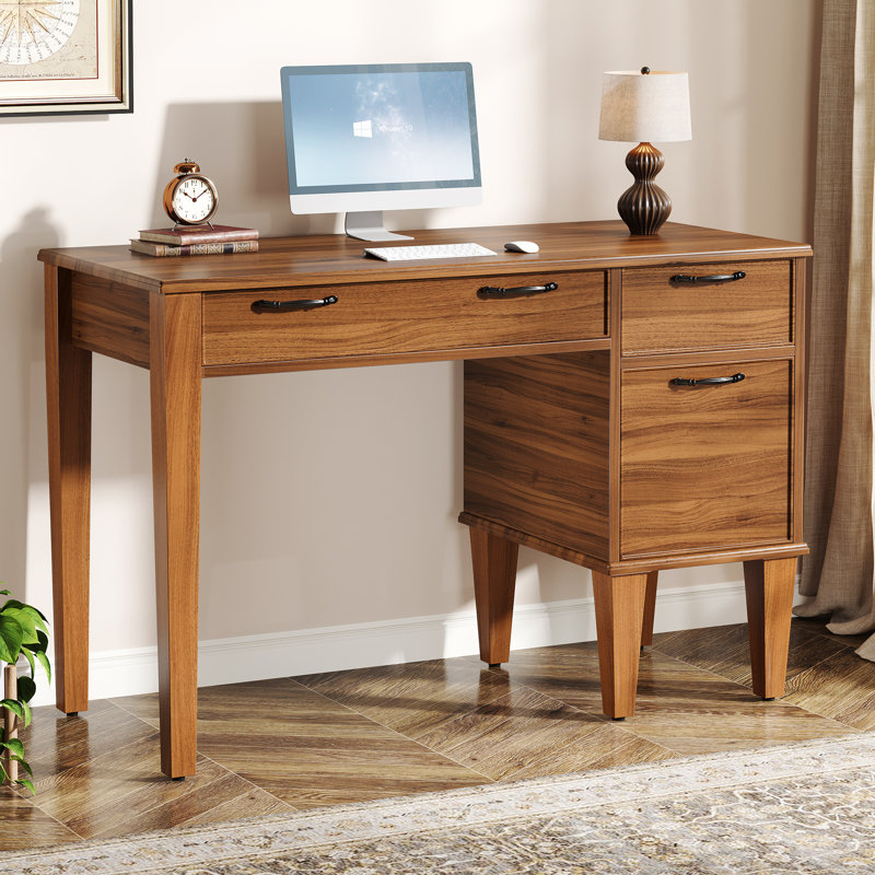 47" Computer Desk With 3 Drawers, Brown Office Desk With File Cabinet