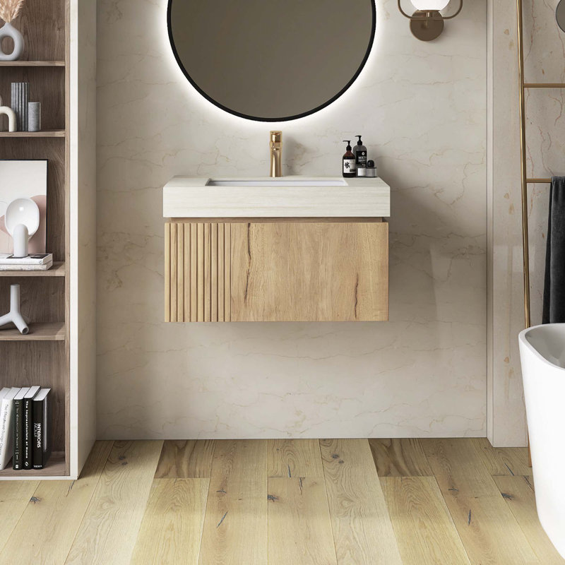 Meuble-lavabo mural pré-assemblé en contreplaqué avec lavabo, tiroir et porte, Beige