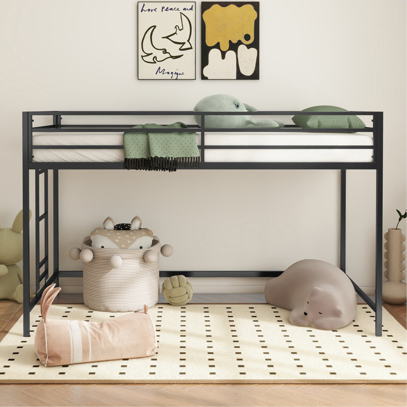 Lit mezzanine simple noir pour les enfants, peu encombrant, lit mezzanine avec échelle facile à monter et garde-corps, cadre de lit mezzanine pour la chambre à coucher