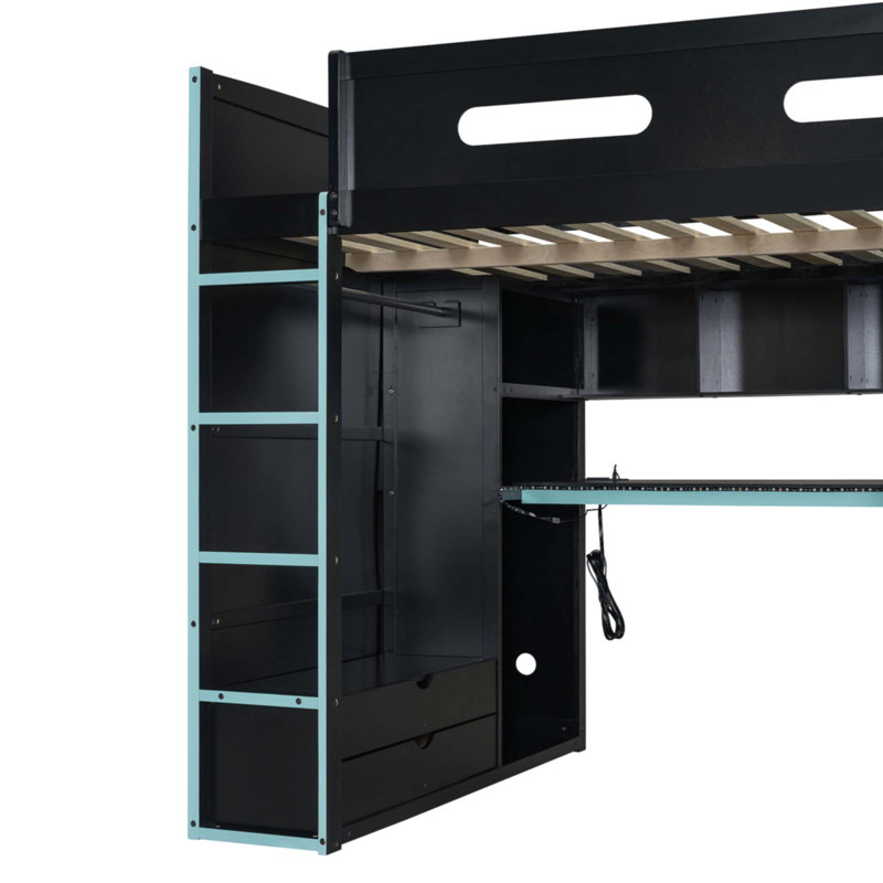 Lit mezzanine double en bois avec bureau, Bleu