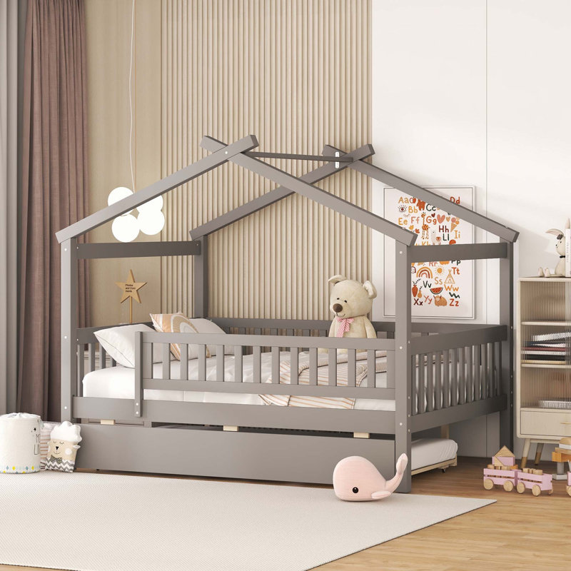 Lit en bois avec lit gigogne simple, Gris, Full
