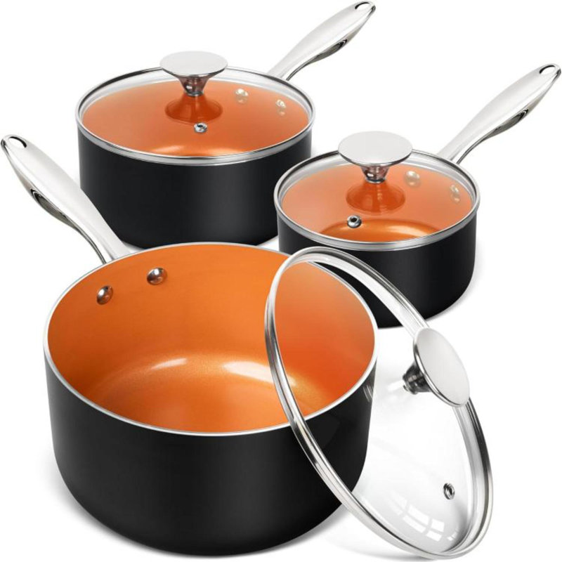 Ensemble de casseroles à sauce, ensemble de casseroles antiadhésives de 3, casseroles en céramique avec couvercle, ensemble de casseroles de 1 pte et 2 pintes et 3 pintes, casserole en cuivre avec couvercle