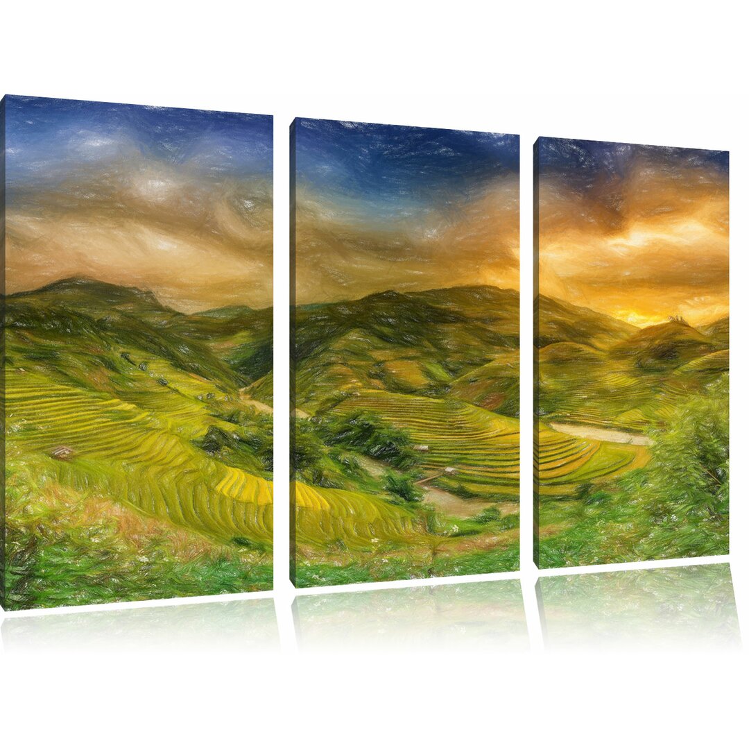 3-tlg. Leinwandbilder-Set „Eine Berg-Farm in Asien“, Grafikdruck