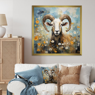 Chèvre jaune en fleurs dans une prairie - Art mural animal de chèvre