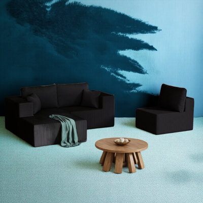 Black Corduroy Upholstered Sofa 108.3 Inches L-shaped Modular With Lounge Chair, Living Room Modular Cloud Foam Sofa
