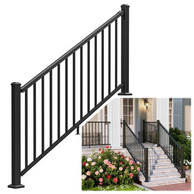 36 Inch High X 6 Foot Wide Aluminum Stair Railing Kit With 2 Posts, Textured Black Powder Coat Fence For Outdoor Steps