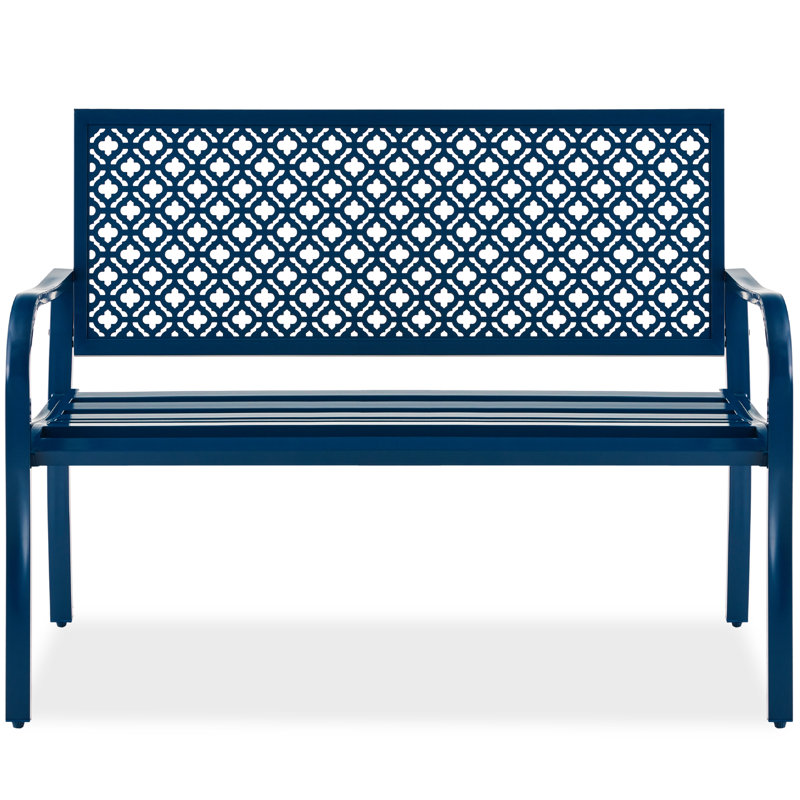 Rhanes Indoor Outdoor Steel Garden Bench w/ Geometric Backrest, Foot Levelers, Peacock Blue