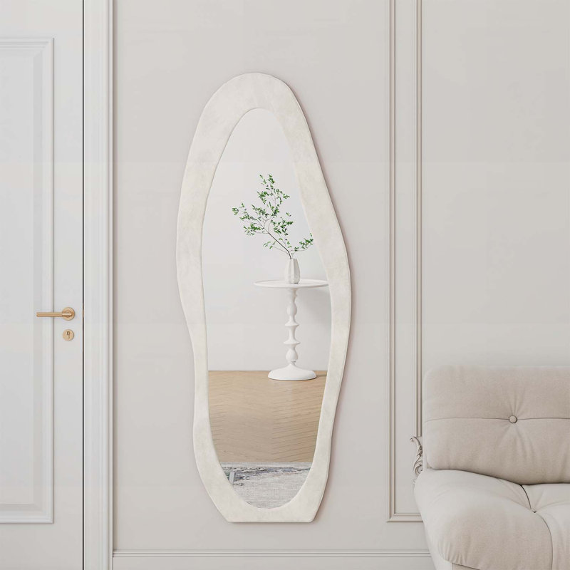Irregular Wavy Mirror,Wooden Frame,Standing or Wall-Mounted for Elegant Home Decor, White
